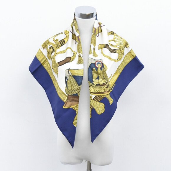 HERMES 100% Silk Carre 90 Scarf GRAND UNIFORME Navy White Gold - Picture 1 of 16